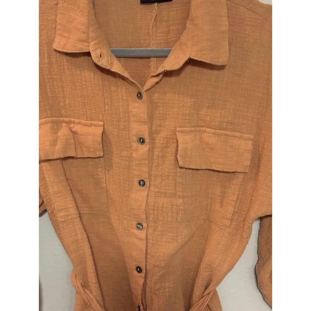 VICI Button-Up Tunic Top Women's Large Rust Orange Roll Tab Sleeves 100% Cotton